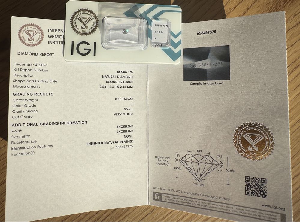 Diamant Natural Certificat IGI 0,18 ct Culoare F Claritate VVS1 Vg/2Ex