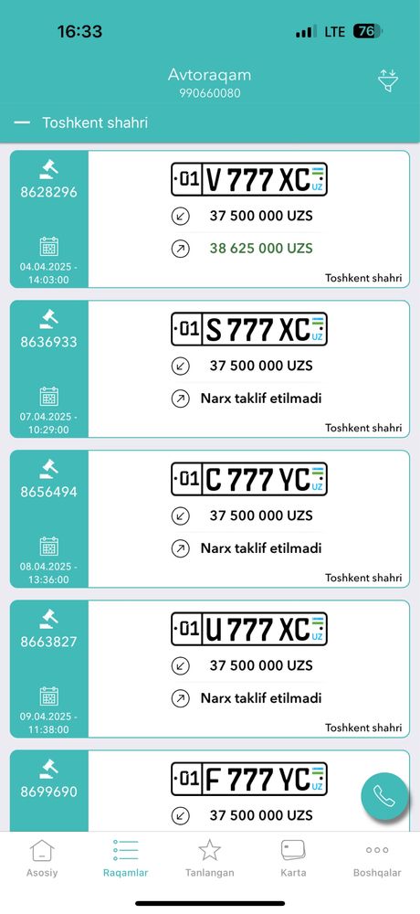 Auksion nomer olib beramiz 100% ishonchli