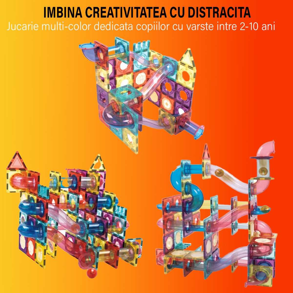 Set de Constructie Magnetic 136 Piese cu Tevi Tiles 3D+ minge colorata