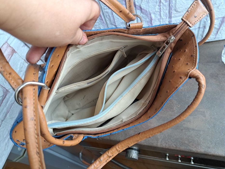 дамска чанта,раница,синя,кожена-естествена кожа