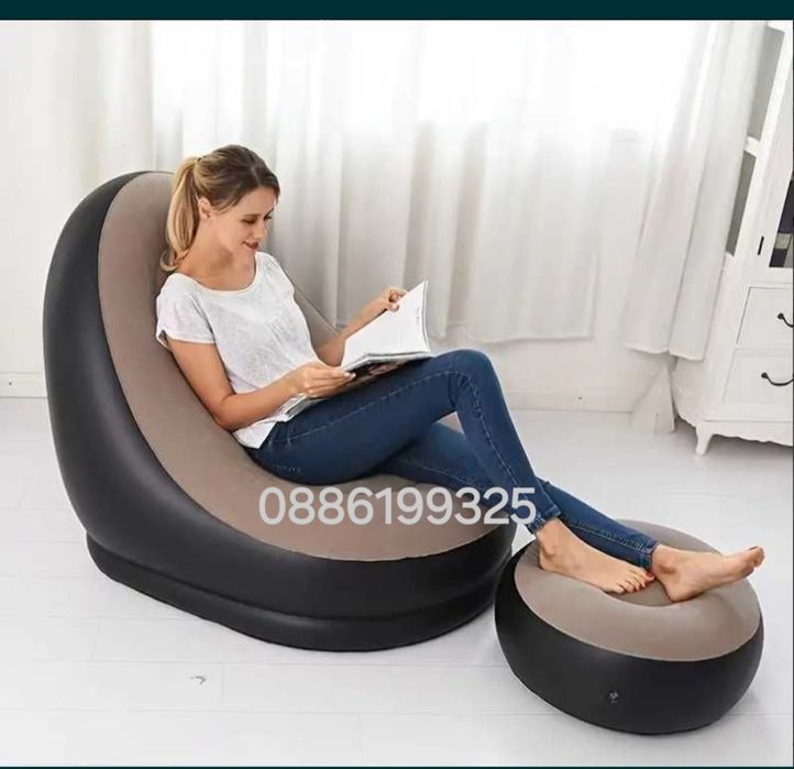 Надуваем фотьойл и табуретка за крака, Син/Бежов/Шарен