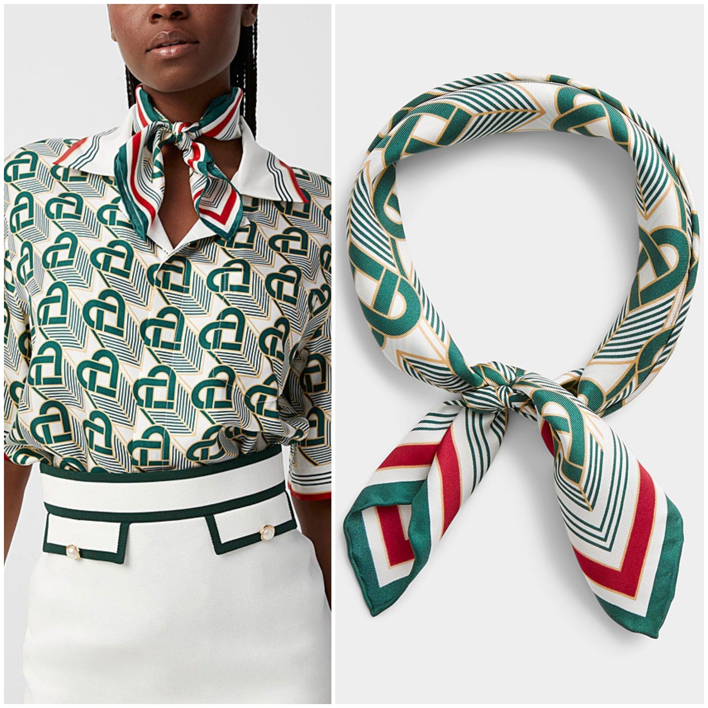 Копринен шал 52×52см квадратен зелен бял принт чокър фишу на Casablanc