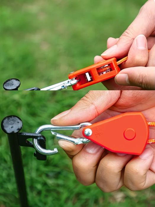 Натяжитель оттяжек для палатки с карабинами и храповым механизмом.