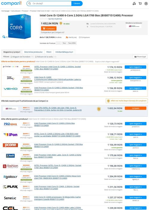 Procesor folosit Intel Core i5 12400 4.4GHz cooler stoc in garantie