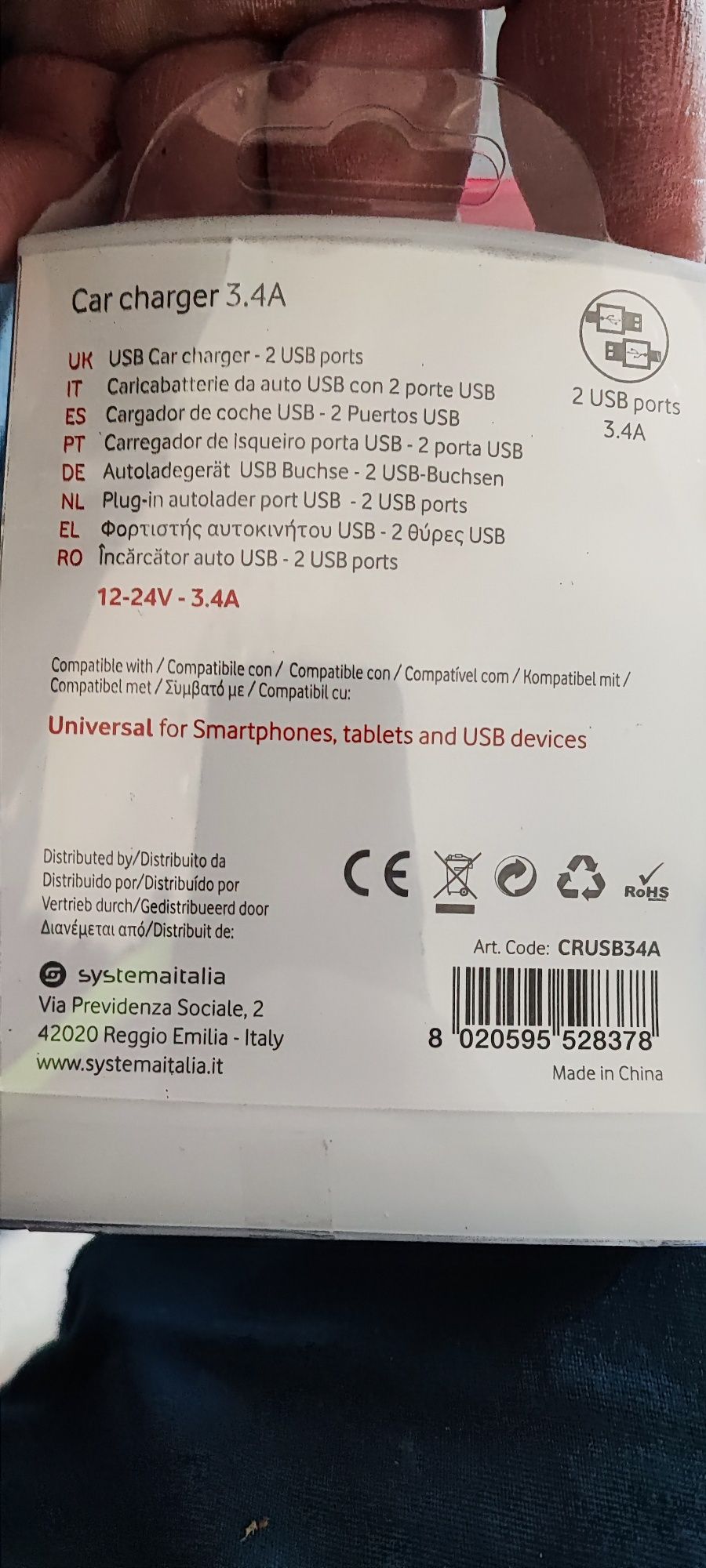 Încărcător auto 12/24v marca Vodafone, cu doua USB 3.4 Ah