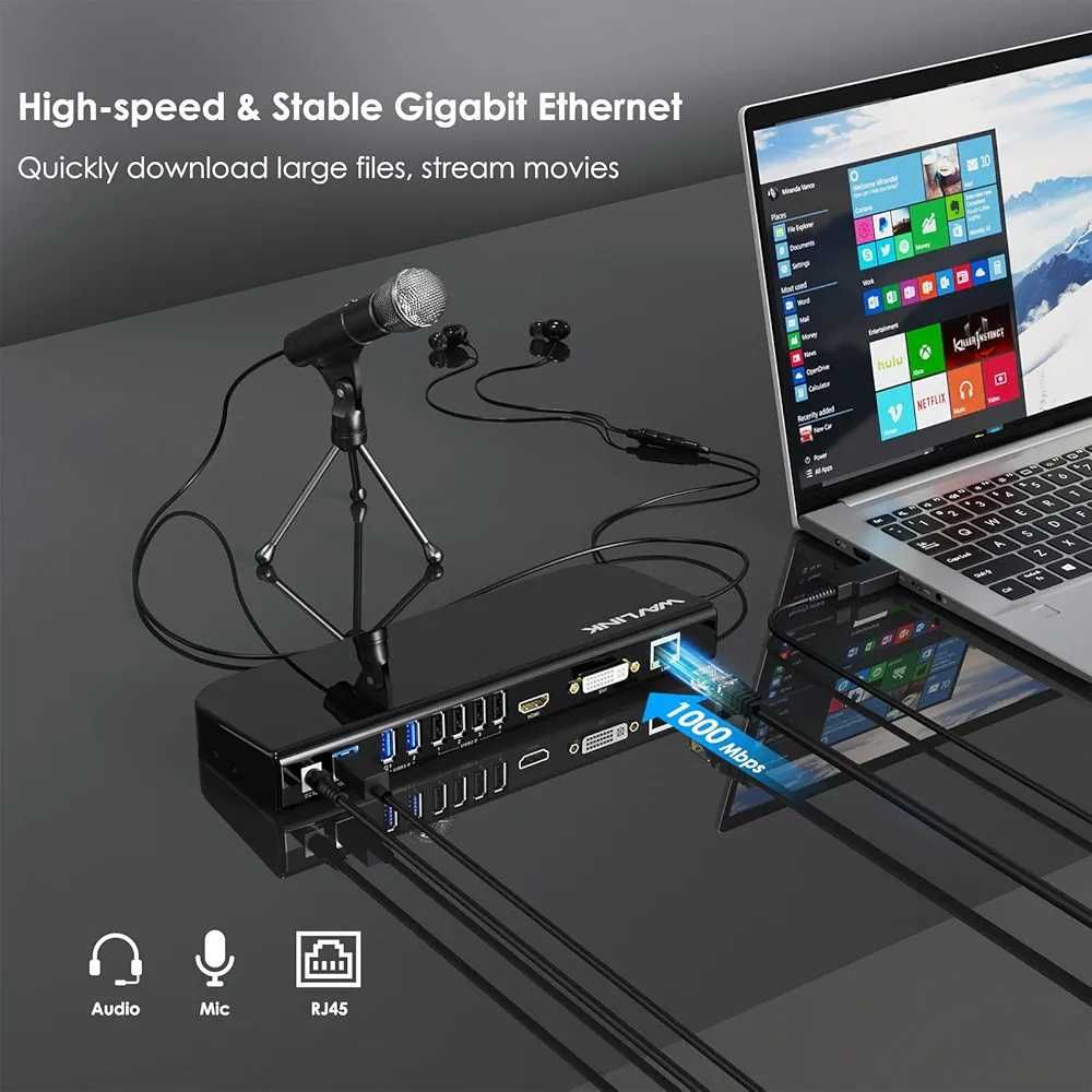 Wavlink USB 3.0 за два монитора, HDMI и DVI/VGA с Ethernet, аудио...