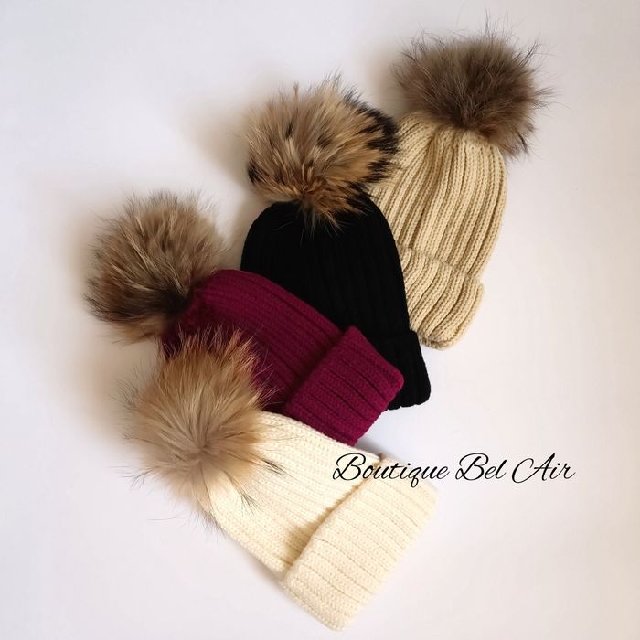 Зимна шапка с помпон от естествен косъм, зимна шапка, естествен пух