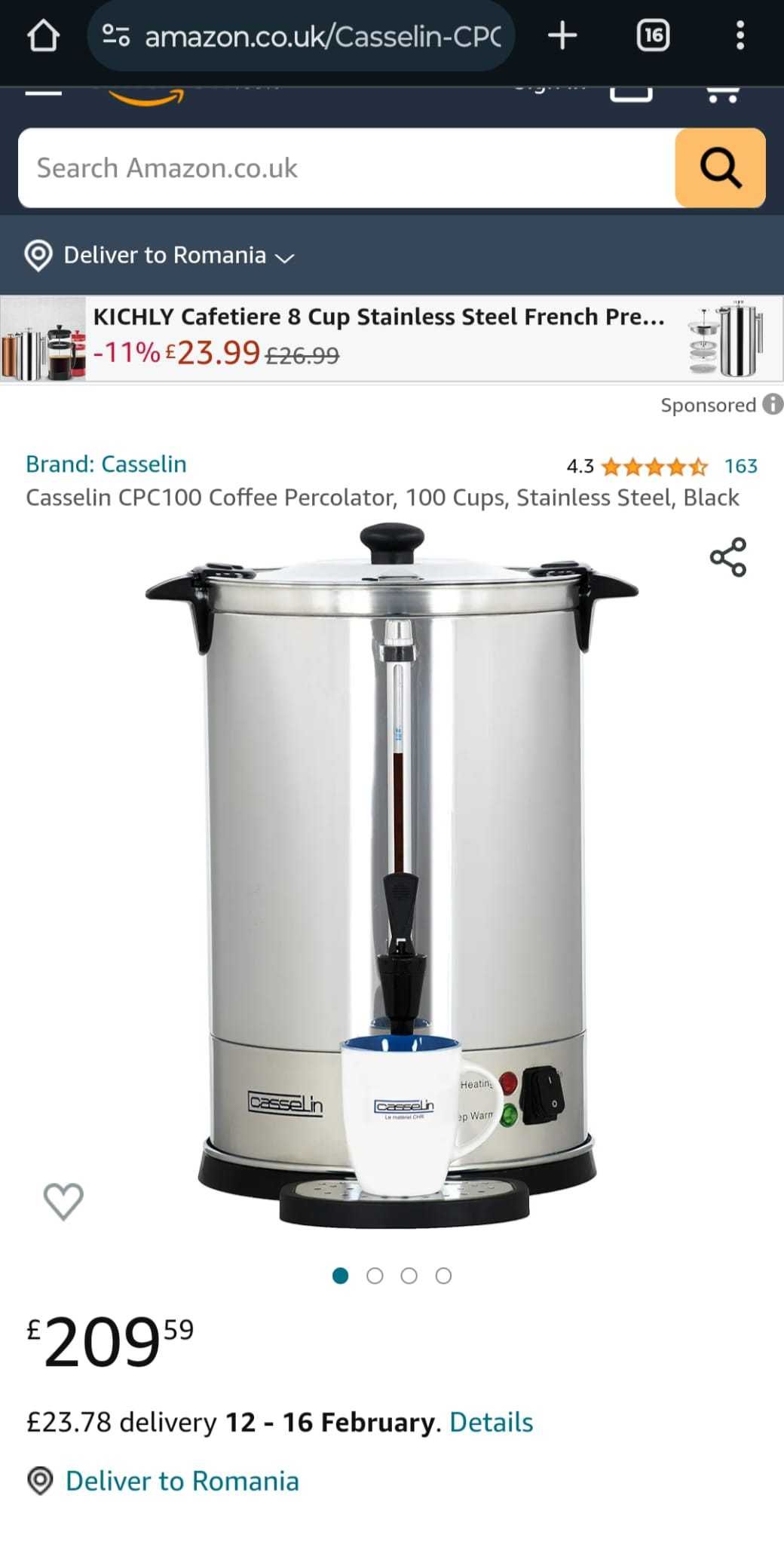 Percolator de cafea Casselin CPC100, 100 cești, oțel inoxidabil, negru