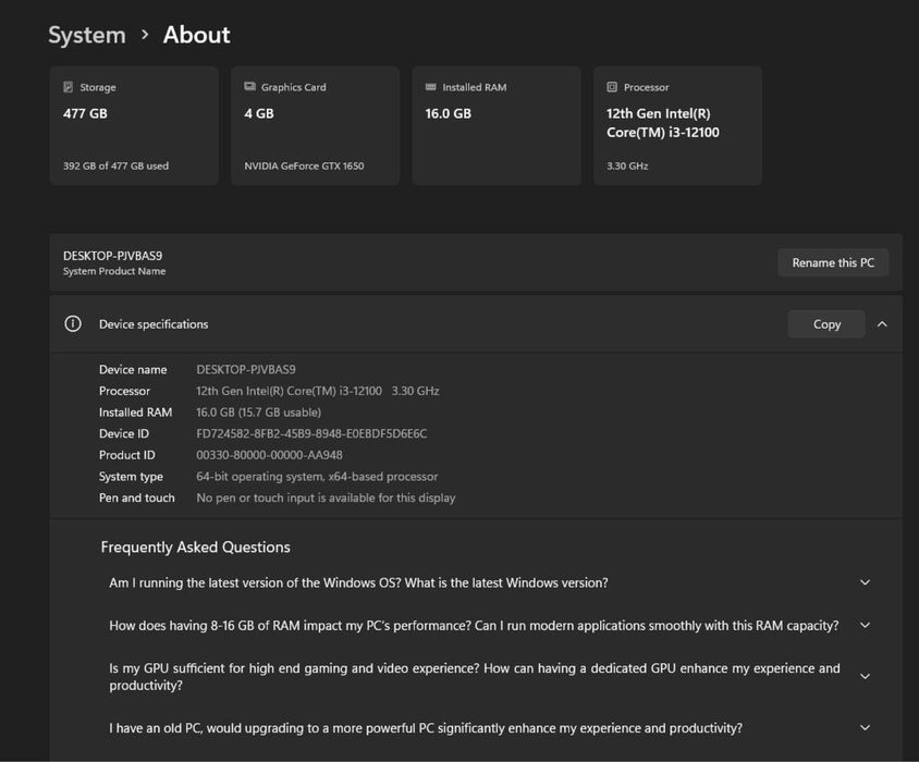 PC gaming gtx 1650 i3 12gen