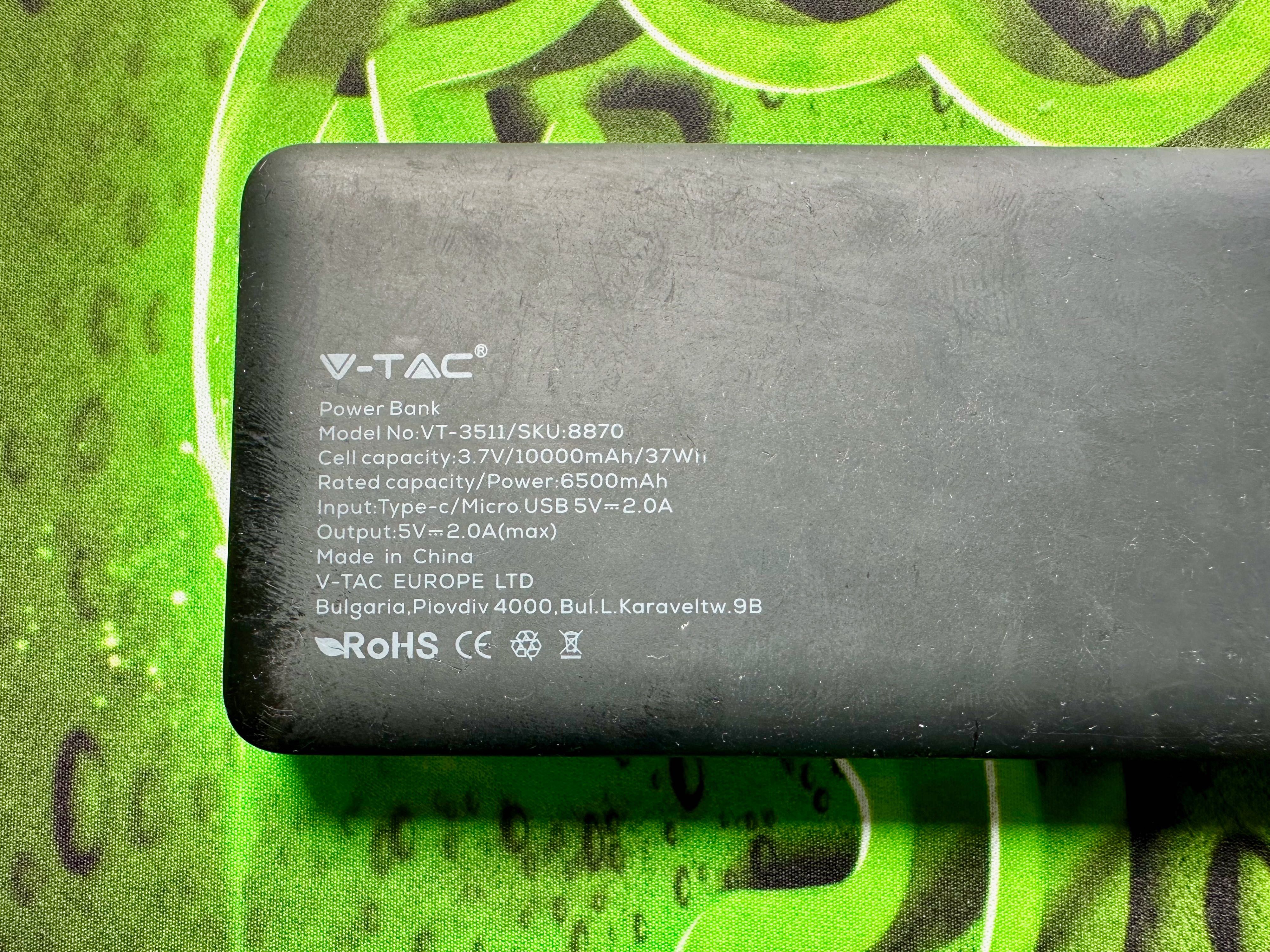 V-TAC VT-3511 - Baterie externa alb 10.000 mAh - Display LED - USB-C