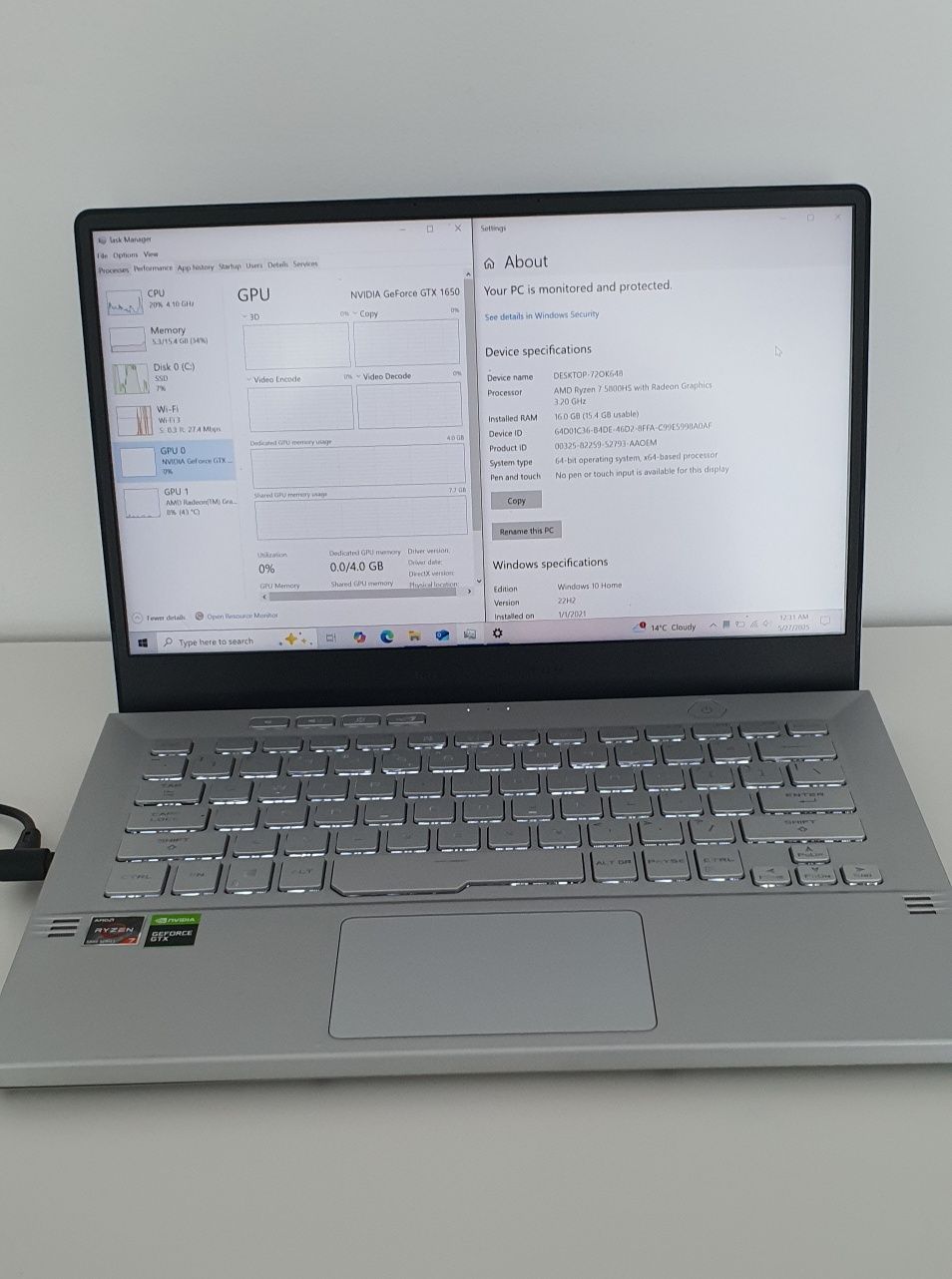 Laptop Asus Zephyrus G14 ALB, 5800H, 16GB, GTX 1650, 512GB