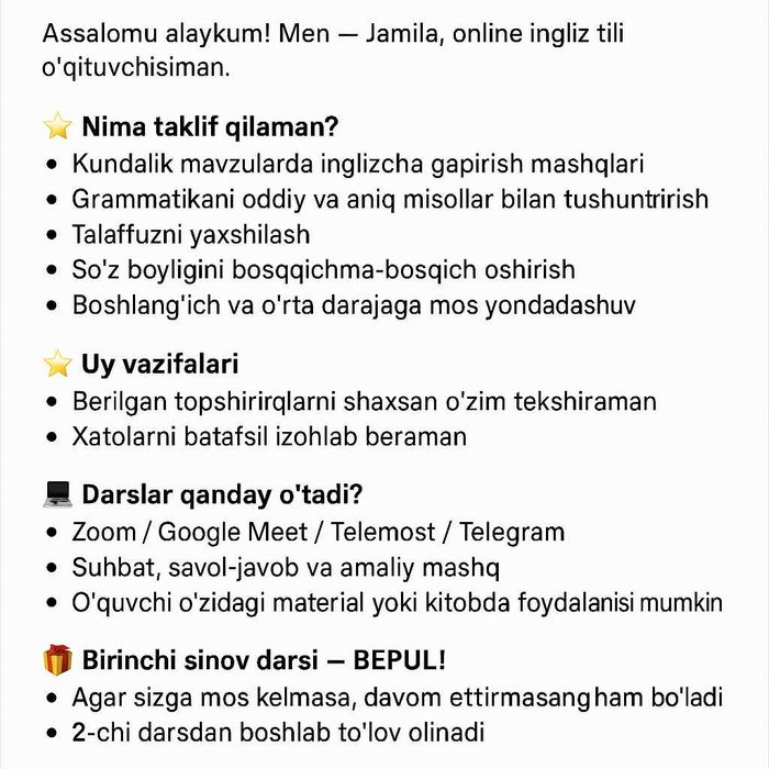 English online tutor (faqat ayollar uchun). Ingliz tili repetitori