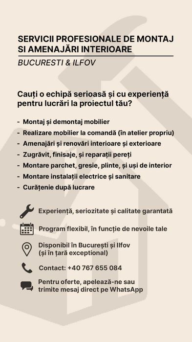 Amenajări interioare și exterioare, montaj mobilier, renovări