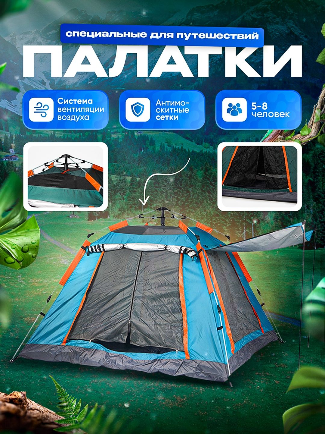 Палатка туристическая 2-3-местная 200 x 200 x 140 см