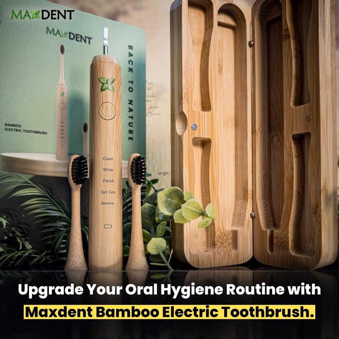 Акумулаторна електрическа четка за зъби Maxdent от бамбук, 3 глави