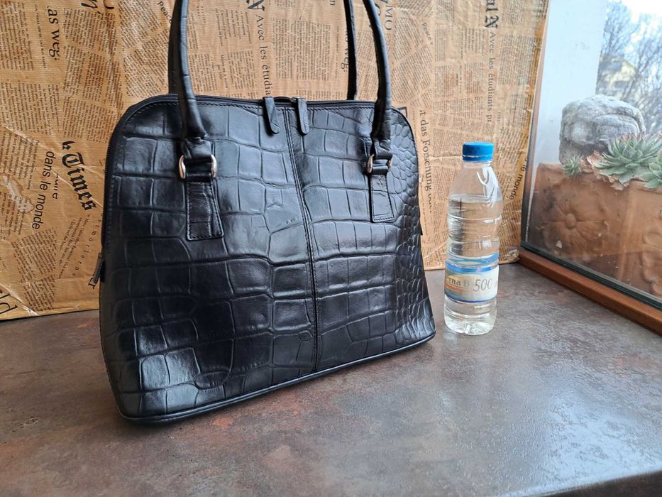 дамска чанта,PRINCE/черна кожена чанта-естествена кожа тип крокодил