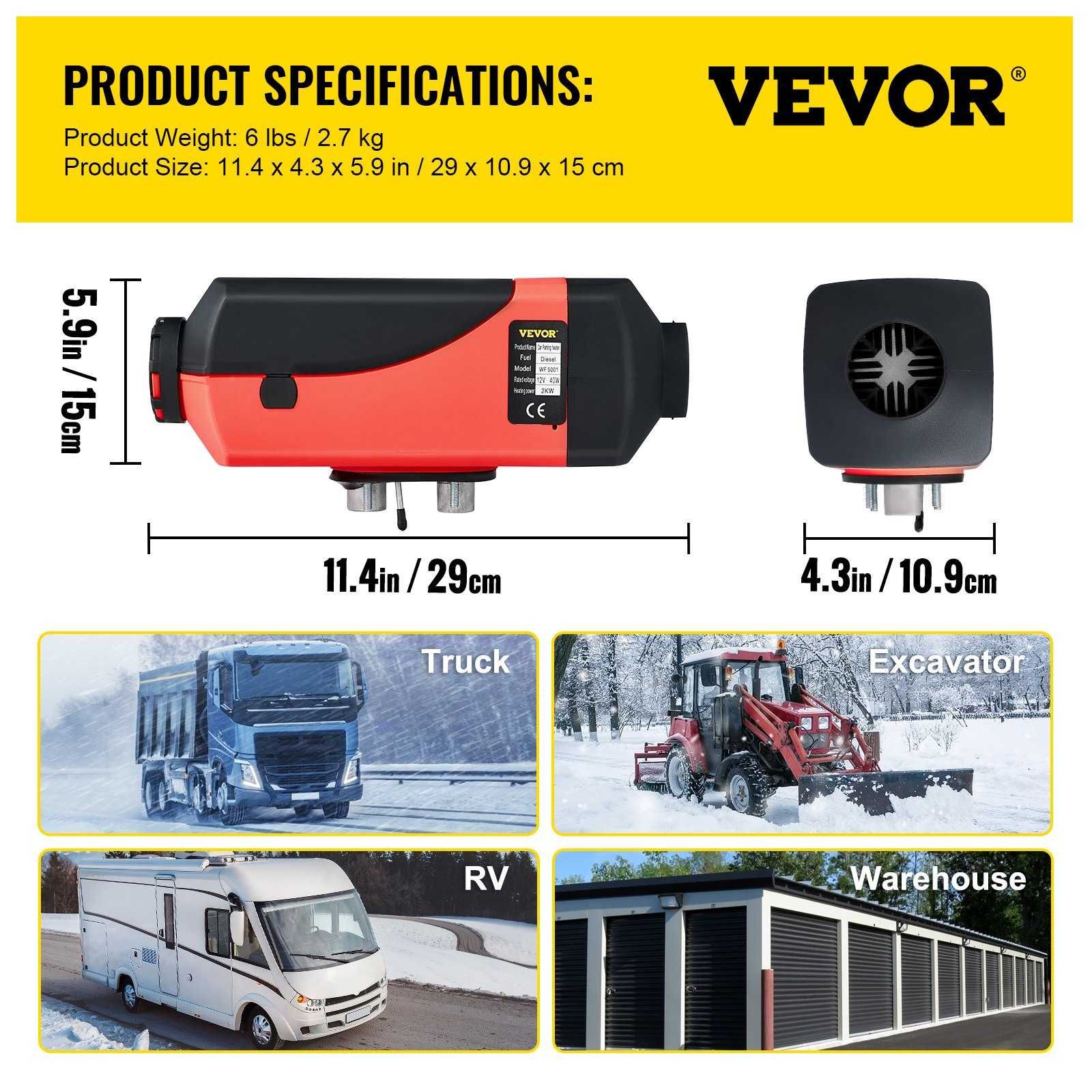 Суха дизелова печка за кола Vevor WF-5001, Мощност 2kW, Гаранция 24 м.