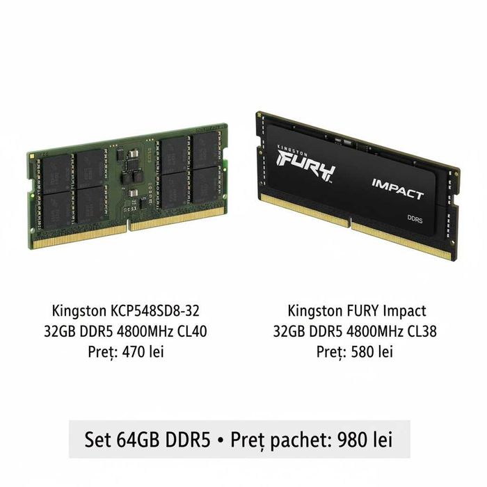 Set 64GB DDR5 Laptop Kingston 4800MHz (Fury CL38 + ValueRAM CL40)