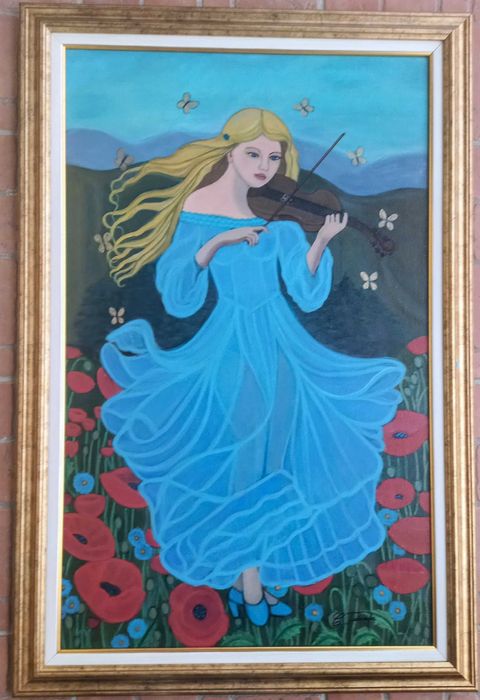 Tablou pictat manual pe panza " Fata cu vioara"  , 50x80 cm. inramat