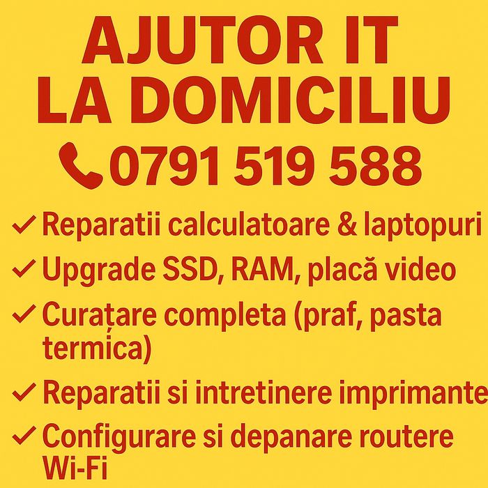 Reparații laptop calculatoare imprimantă wifi upgrade curatare= acasa