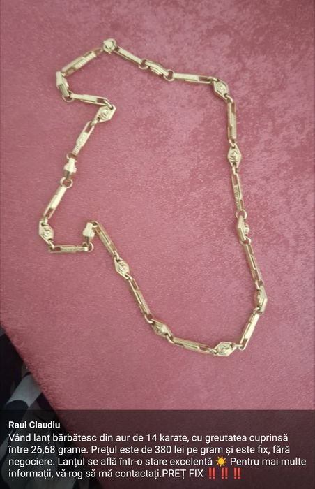 Vând lanț de aur de 14 karate cu greutatea de 26,68 g la prețul de 410