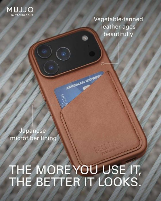 Кожен калъф-портфейл Mujjo за iPhone 17 Pro съвместим с MagSafe, кафяв