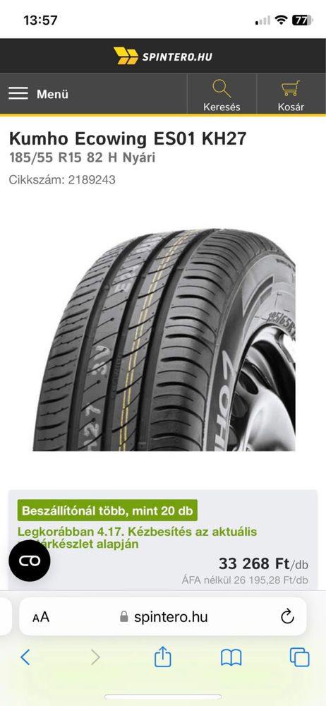 Kumho 185/55/15 ecowing es01