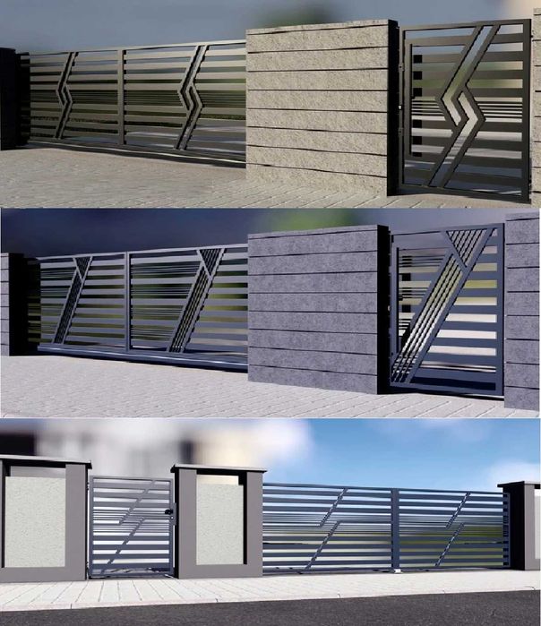 Porti si gard metalice, fier forjat, stil jaluzea, combinate cu WPC