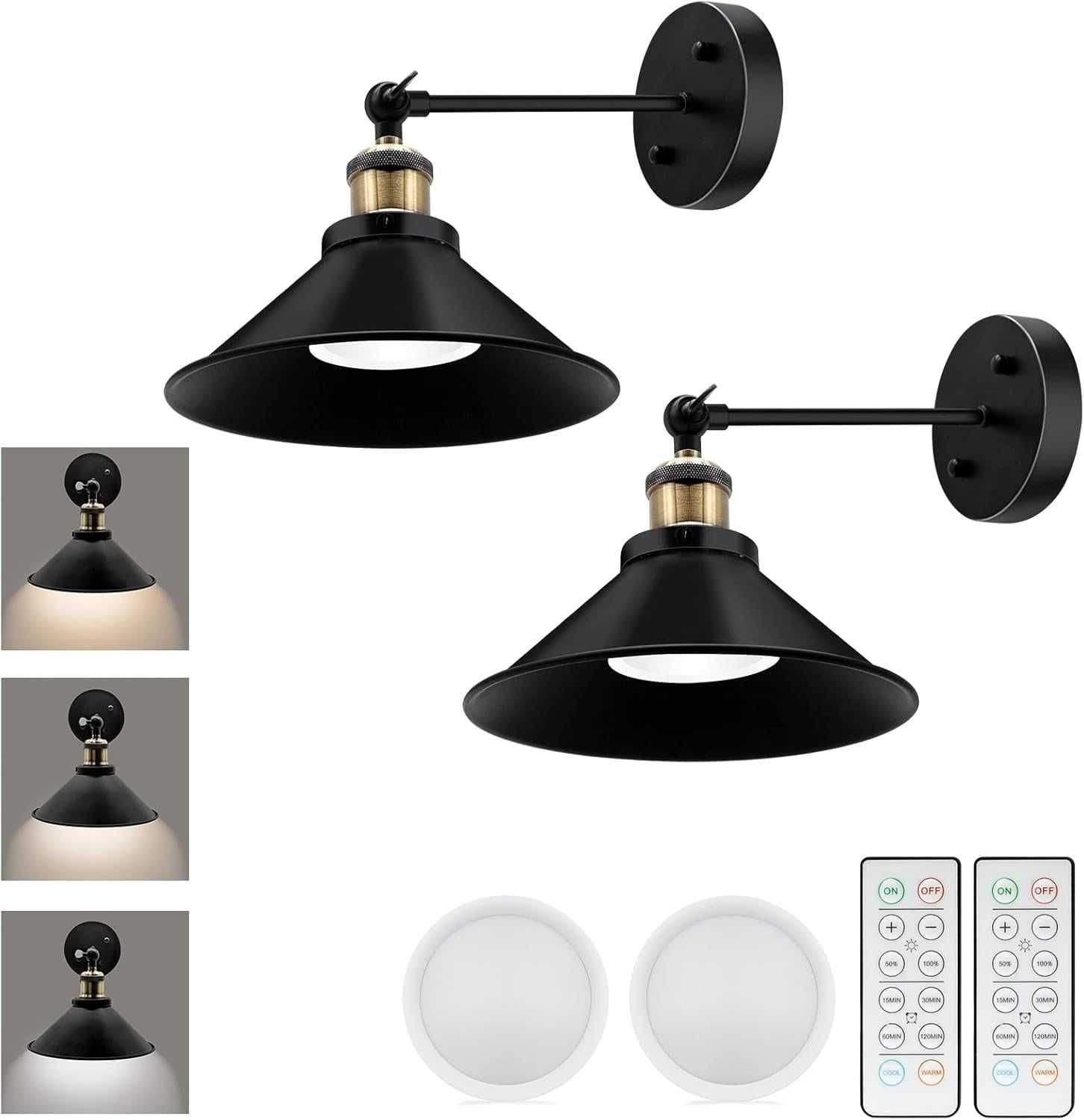 LABOREDUCER Комплект 2 LED стенни лампи с батерии, черни, дистанционно
