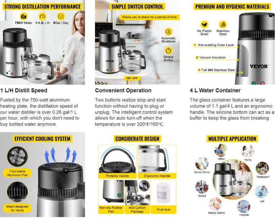 VEVOR™ 4л ИНОКС Дестилатор за Вода Дестилация на Вода Дестилирана Вода