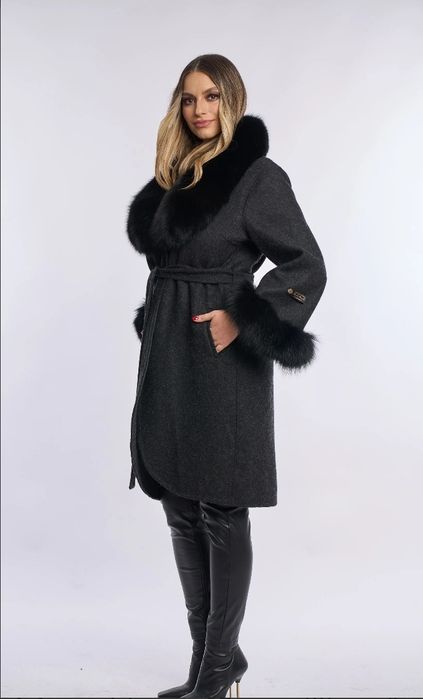 Palton din lana Alpaca cu blana naturala de vulpe