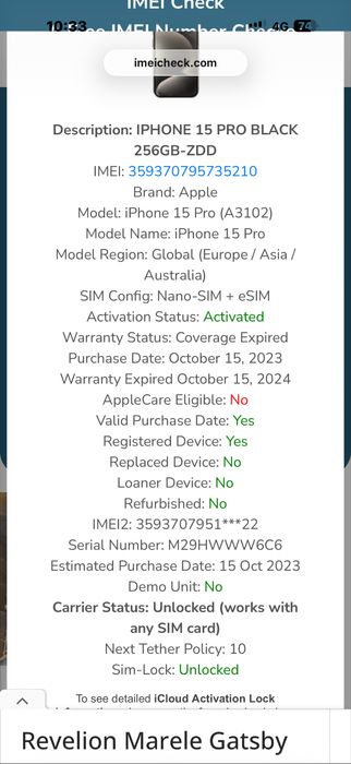 Telefon iPhone 15 Pro 256 GB black titanium, ca nou, la cutie