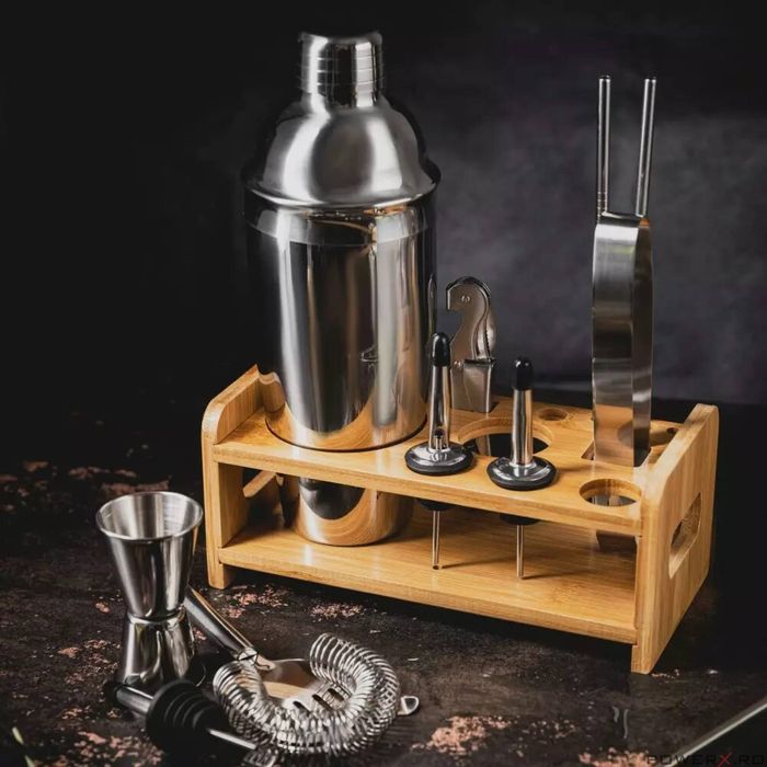 Set barman pentru bauturi si cocktail-uri, shaker, 15 piese, argintiu,