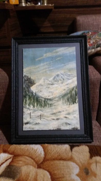 Зимен пейзаж, рисуван с маслени бои на дебел картон.