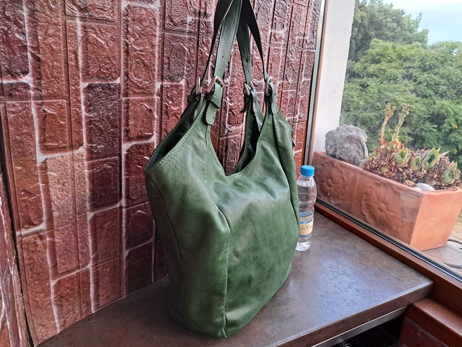 дамска чанта, голяма зелена торба-естествена кожа