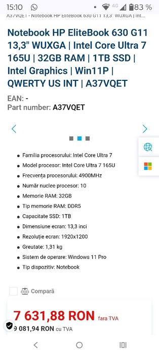 Super preț laptop HP Elite Ultra7 13.3' touchscreen 32Gb RAM 256Gb M2