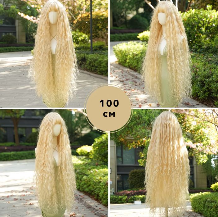 Волнистый парик с челкой 100 см. Длинный блонд парик 1 метр