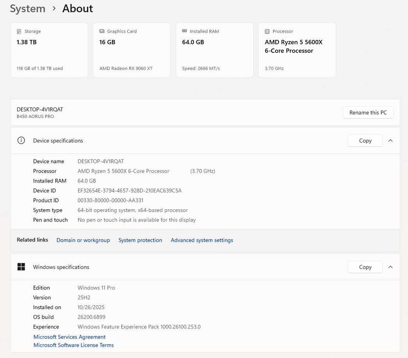 Ryzen 5 5600X RX 9060 XT 16GB Нова 64GB RAM 512 SSD Геймърски компютър