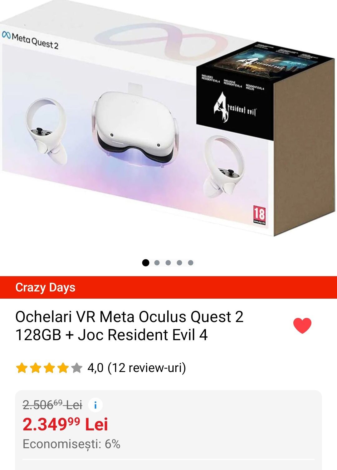 Ochelari VR Meta Oculus Quest 2 128GB + Joc Resident Evil 4
