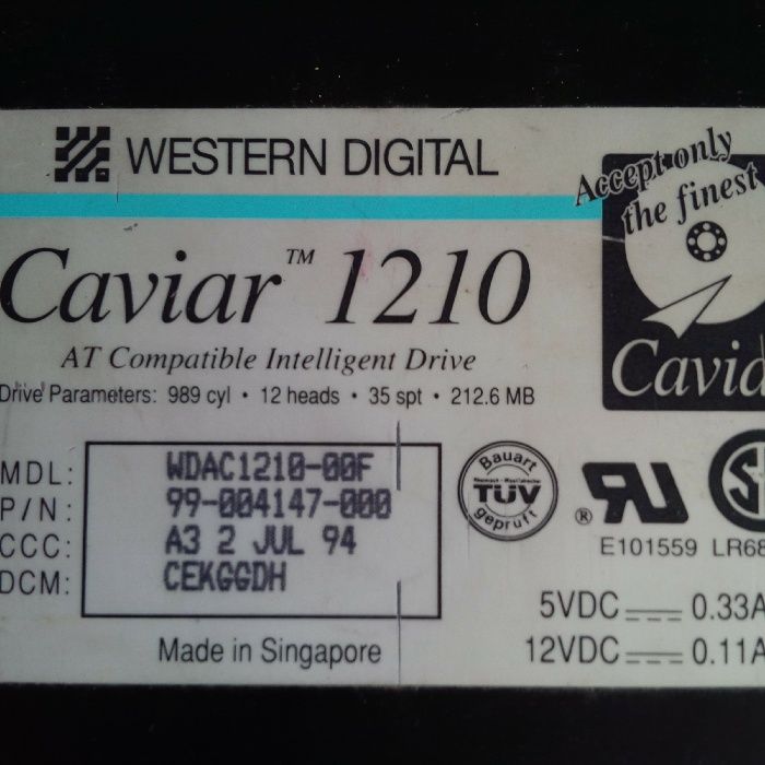 HDD WESTERN DIGITAL Caviar 1210 3.5" IDE/AT 212.6 MB !!! (colecție)