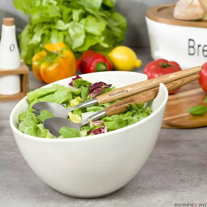 Bol de salata din ceramica, 23.5 cm, alb, cu un set de linguri cu