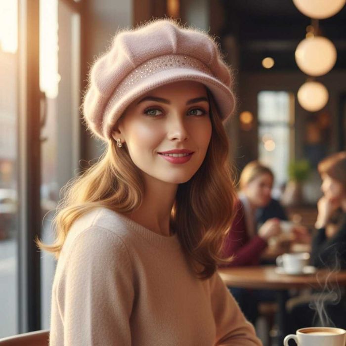 Елегантна зимна плетена шапка с козирка и камъчета