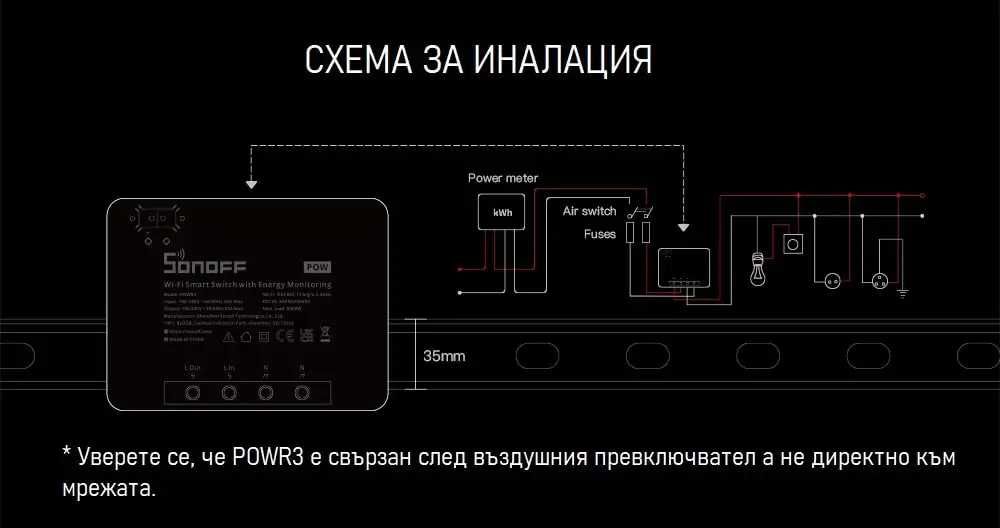 SONOFF POWR3 25A 5500W  Прекъсвач с измерване на консумираната енергия