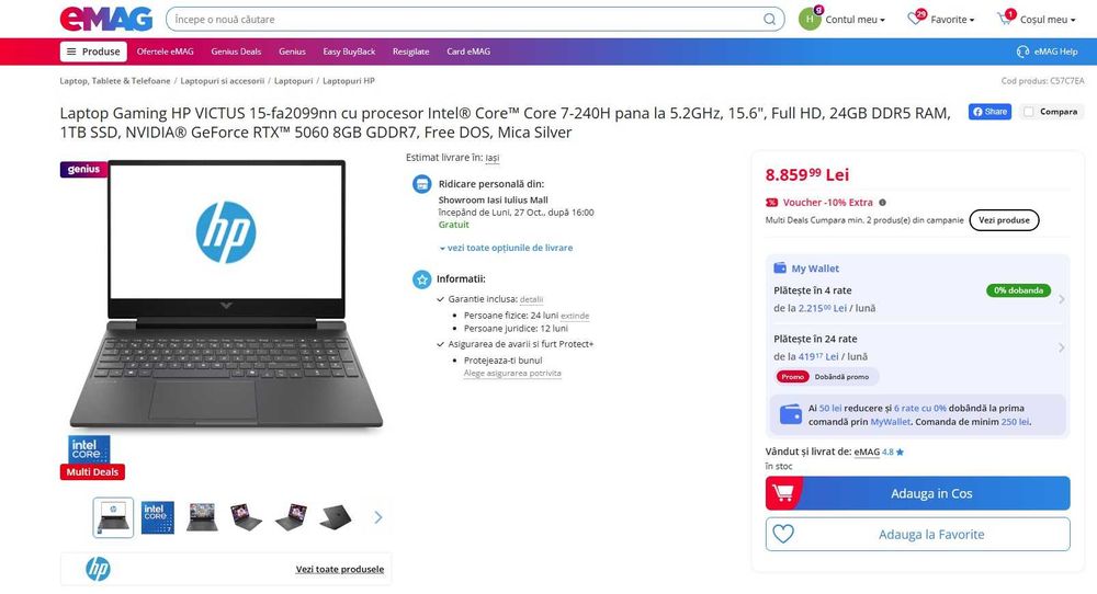 Laptop  Hp victus cu procesor ultra 7-240H , rtx 5060 , 24 gb ram