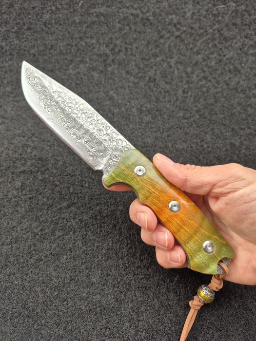 Уникален ловен нож дамаска стомана,фултанг с кожена кания LN422