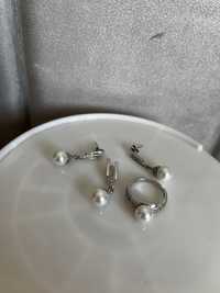 Сребърен комплект с перли обеци, пръстен и  висулка