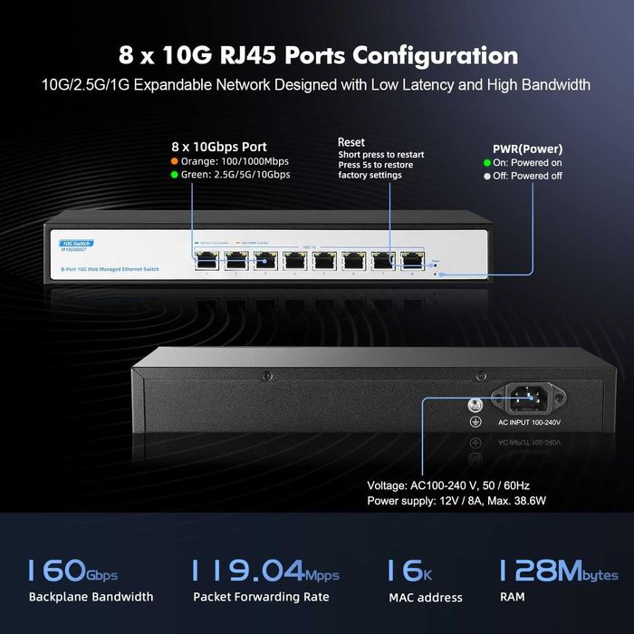Switch ethernet 10G 8 port gestionat,auto-negociere 10G 5G 2.5G 1000M