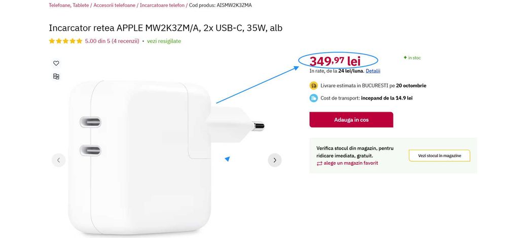 Incarcator retea Apple Dual USB-C Power Adapter 35W alb,(Super Ofertă)