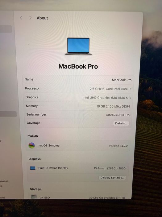 MacBook Pro 15” Touch Bar/i7/16GB/SSD 1TB/Baterie 178 cicluri