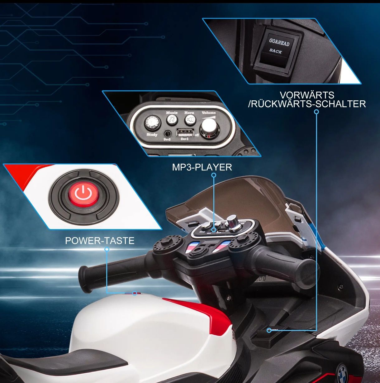 Детски електрически мотоциклет BMW HP4, 82.5x42x54 см,музика, до 30 кг